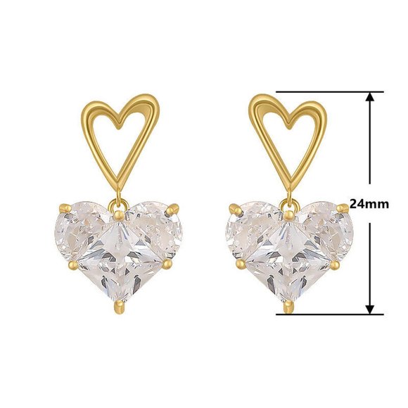 New 18k Gold Plated Sterling Silver White Sapphire Heart Drop Earrings - Picture 4 of 5